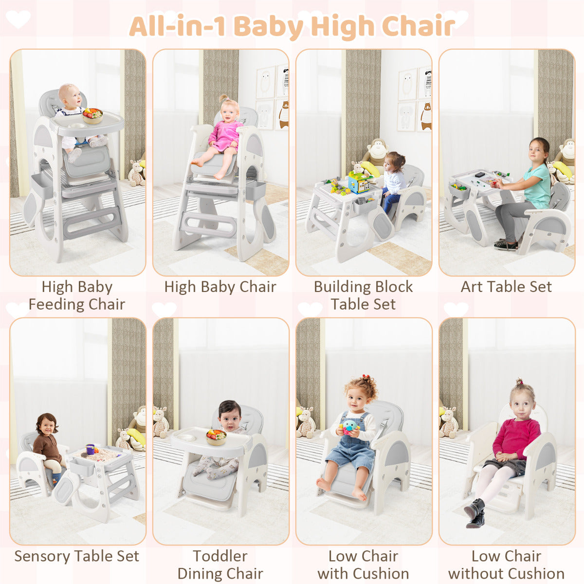 Convertible Baby High Chair with Double-layer Tray and Adjustable Backrest-Grey
