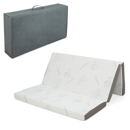 Cooling Gel Memory Foam Folding Mattress in grey carry case and unfolded