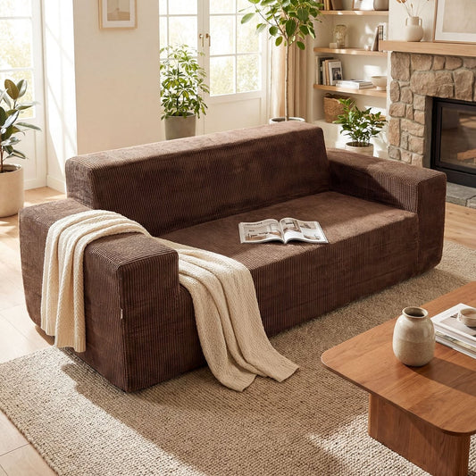 Brown corduroy sofa with a blanket draped over the armrest in a living room setting
