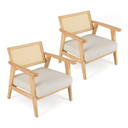Corduroy Accent Chair set of two with light wood frames and woven rattan backrests
