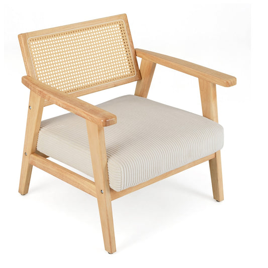 Corduroy Accent Chair with Upholstered Seat and Rattan Back shown from a high angle on a white background