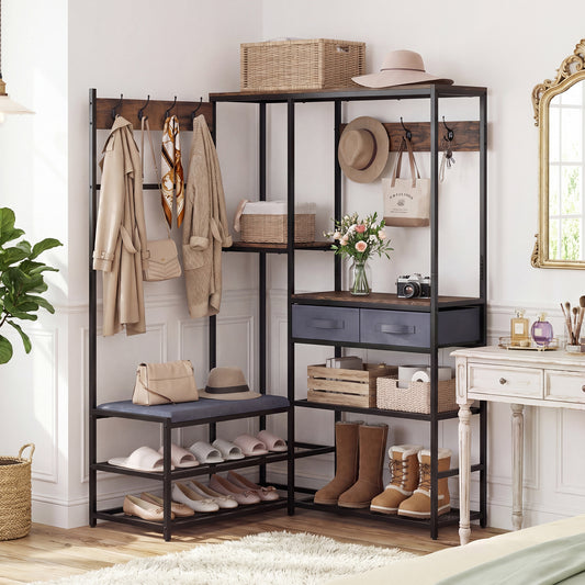 The hall tree placed in a bright corner of a room with clothes and shoes neatly organised