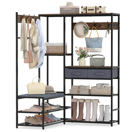Corner Coat Rack with shelves, hooks, drawers and a bench seat for storing shoes and accessories