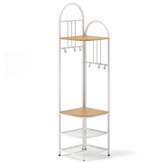 Corner Hall Tree 4-Tier Coat Rack with Storage Bench and Hooks-Natural, a tall white metal corner unit with three wooden