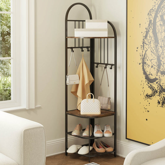 The corner hall tree with coats, bags and shoes on display in a room