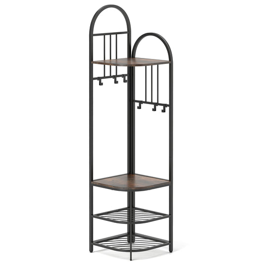 Corner Hall Tree 4-Tier Coat Rack with storage bench and hooks in rustic brown