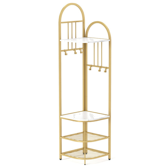 Corner Hall Tree 4-Tier Coat Rack with Storage Bench and Hooks-White and Golden, a tall corner unit with shelves and hooks