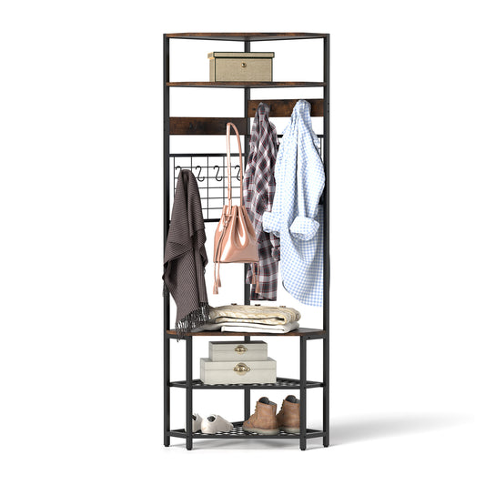 Corner Hall Tree 5-Tier Coat Rack with shoe storage bench in rustic brown