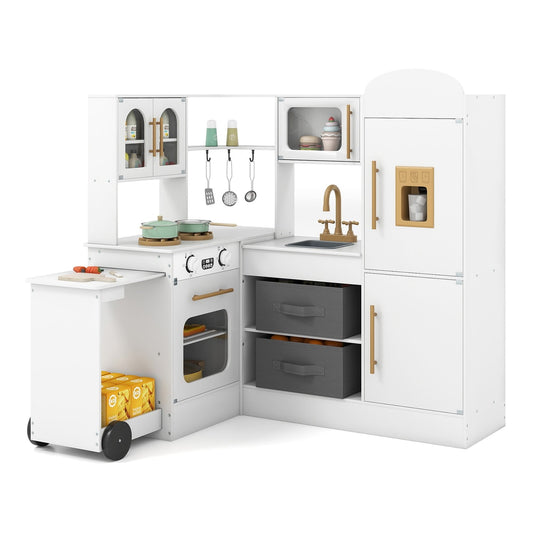 Corner Kitchen Playset Kids Pretend Play Kitchen in white with a pull-out cart and fabric storage bins