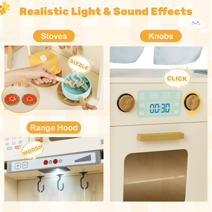 The play kitchen set showing close-ups of the stove lights and clicking knobs