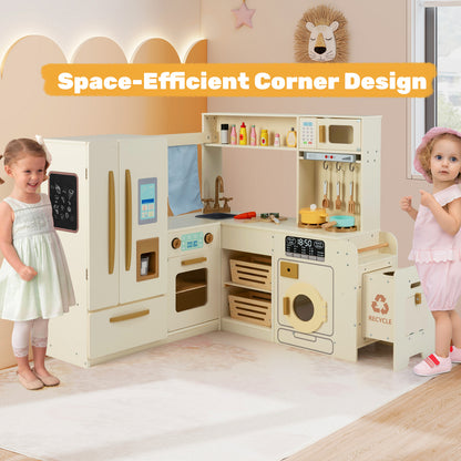 The play kitchen set being used by two children in a bright playroom