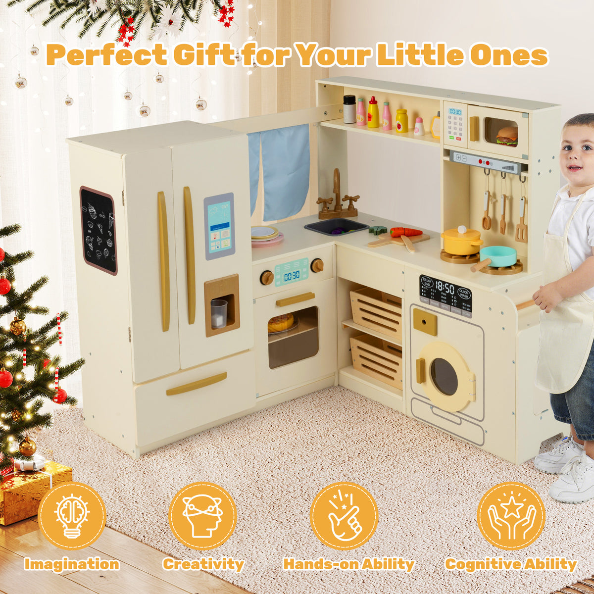 The play kitchen set displayed as a gift idea with icons for developmental skills