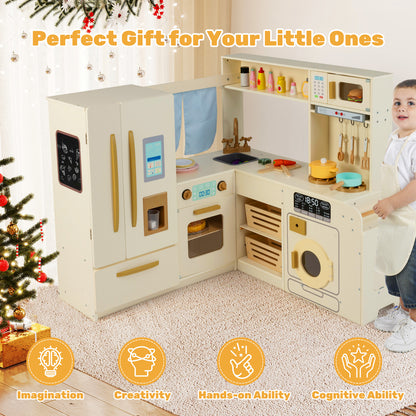 The play kitchen set displayed as a gift idea with icons for developmental skills