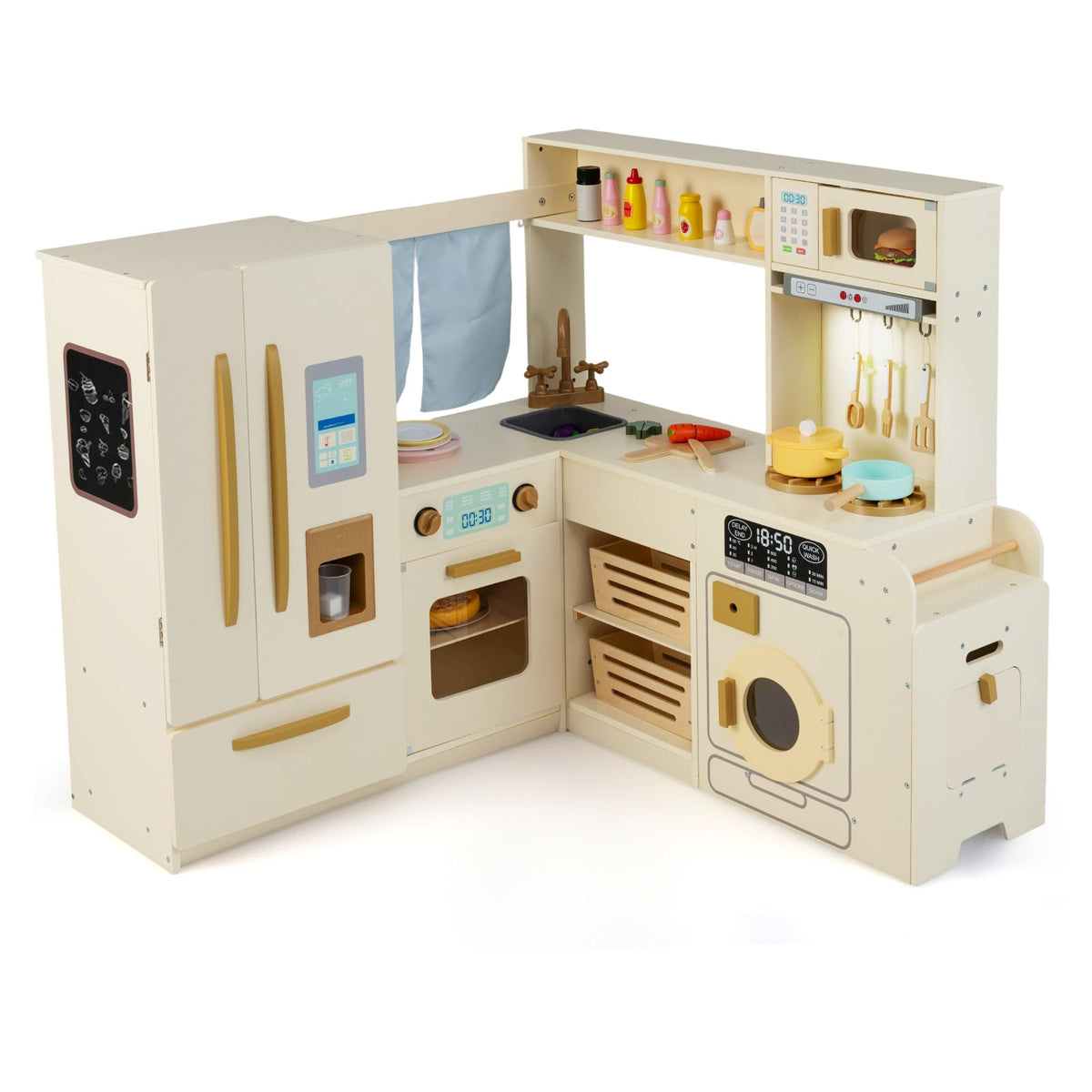 Corner Kitchen Playset with a large fridge and various accessories in a beige finish