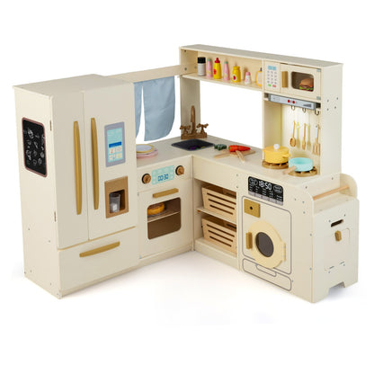 Corner Kitchen Playset with a large fridge and various accessories in a beige finish