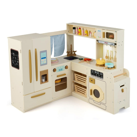 Corner Kitchen Playset with a large fridge and various accessories in a beige finish