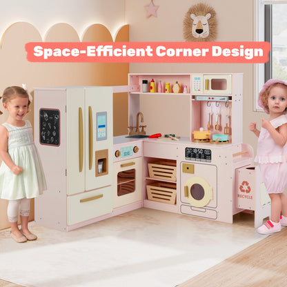 Two toddlers playing with the pink corner kitchen playset in a room