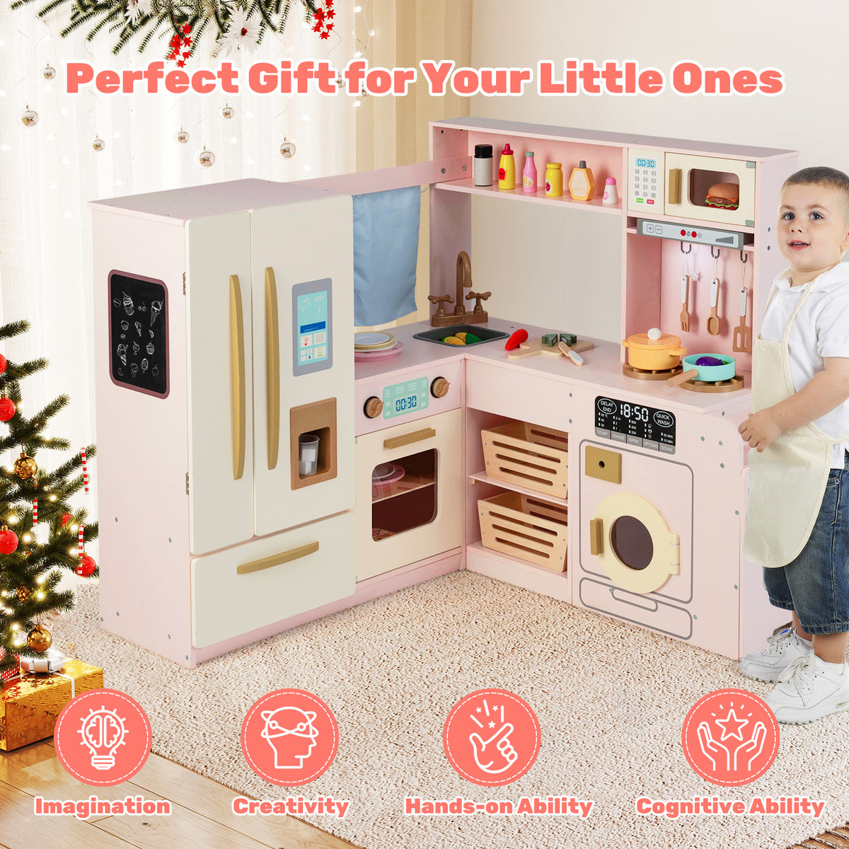 Toddler receiving the pink corner kitchen playset as a gift with icons for imagination and creativity