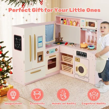 Toddler receiving the pink corner kitchen playset as a gift with icons for imagination and creativity