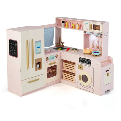 Corner Kitchen Playset with large fridge, microwave, oven and washing machine in pink