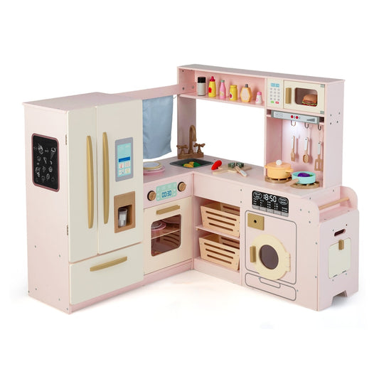 Corner Kitchen Playset with large fridge, microwave, oven and washing machine in pink