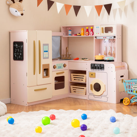 Pink corner kitchen playset with fridge, oven and washing machine set up in a child's room