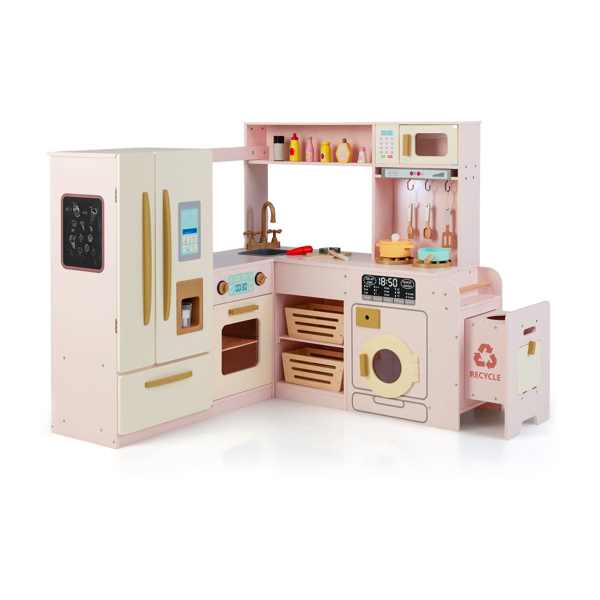 Pink corner kitchen playset with fridge, oven and washing machine shown from the side
