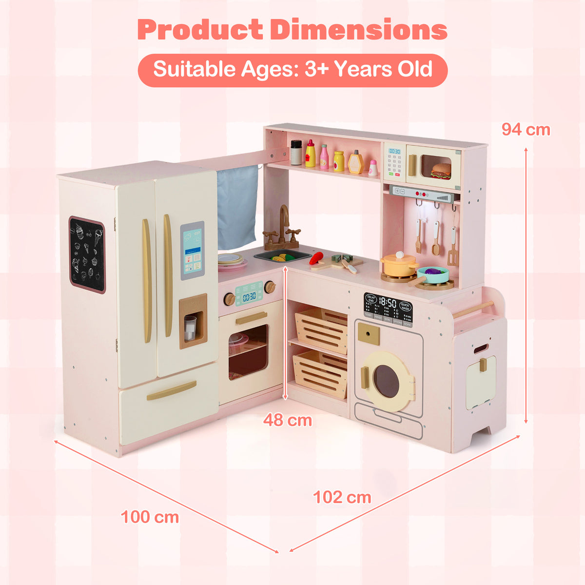 Pink corner kitchen playset with dimensions shown for fridge, oven and washing machine