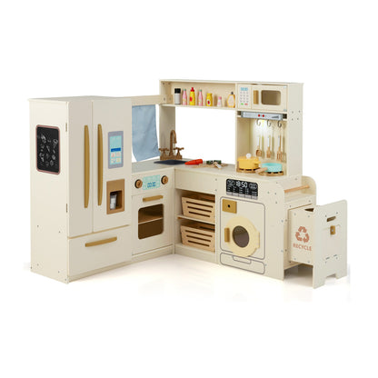 The play kitchen set showing the side recycling bin and storage shelves