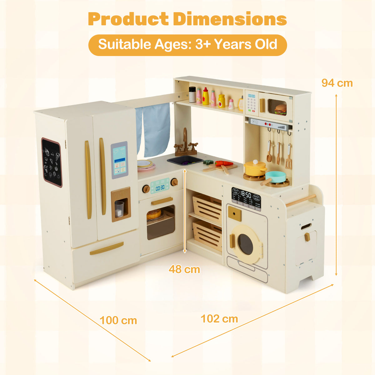 The play kitchen set with labels showing the height and width dimensions