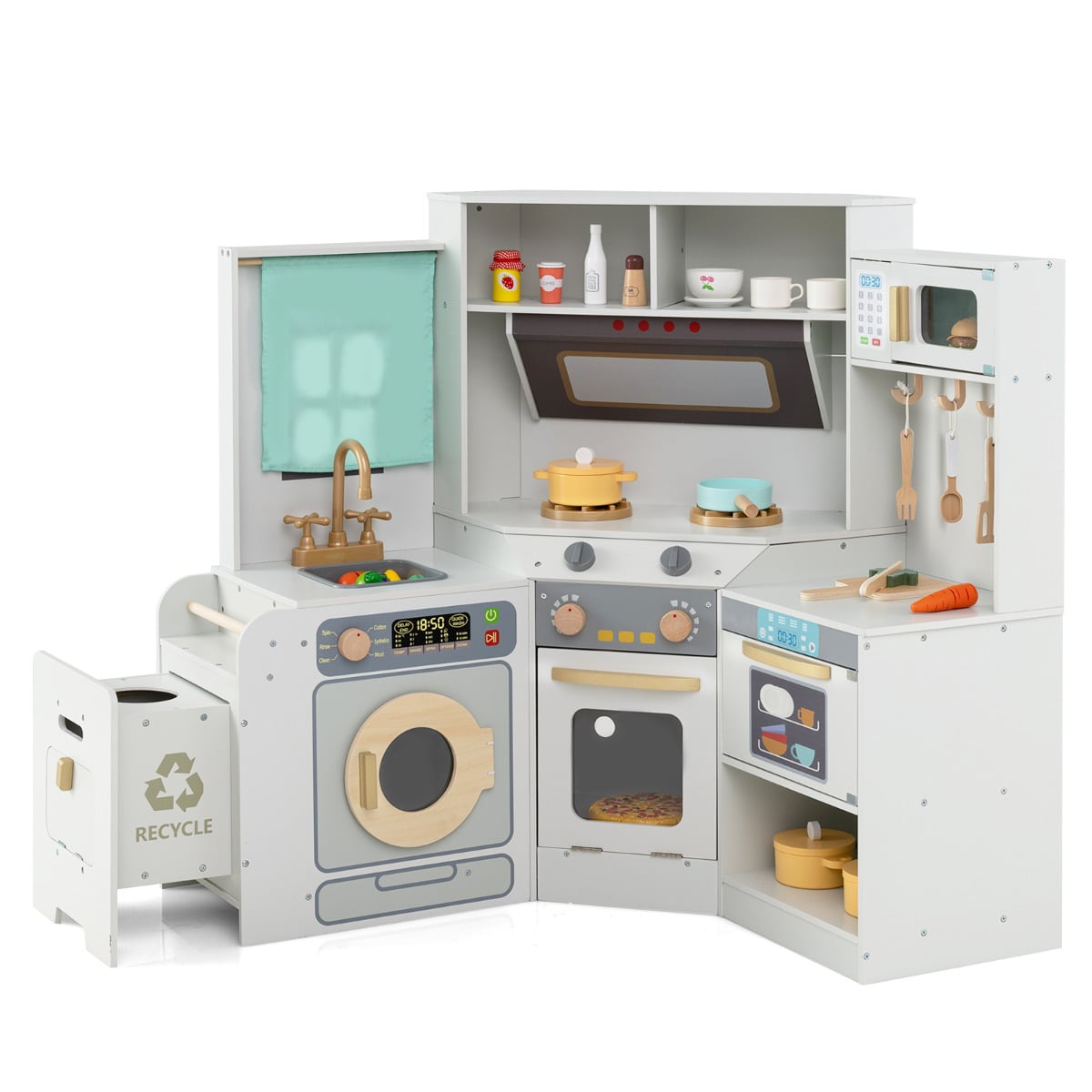 Corner Kitchen Playset with Pull-out Trash Can in light grey, a corner unit with a sink, washing machine and oven
