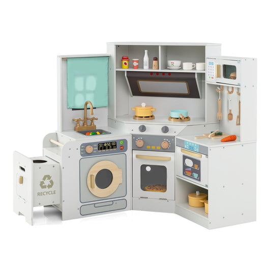 Corner Kitchen Playset with Pull-out Trash Can in light grey, a corner unit with a sink, washing machine and oven
