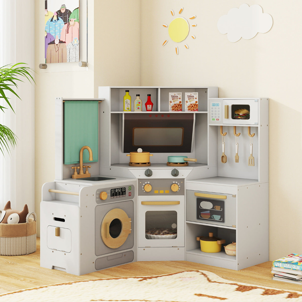 A light grey corner play kitchen set with a washing machine, oven and microwave