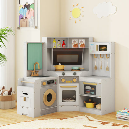 A light grey corner play kitchen set with a washing machine, oven and microwave