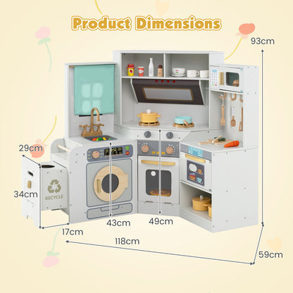 Product dimensions diagram for the corner play kitchen set