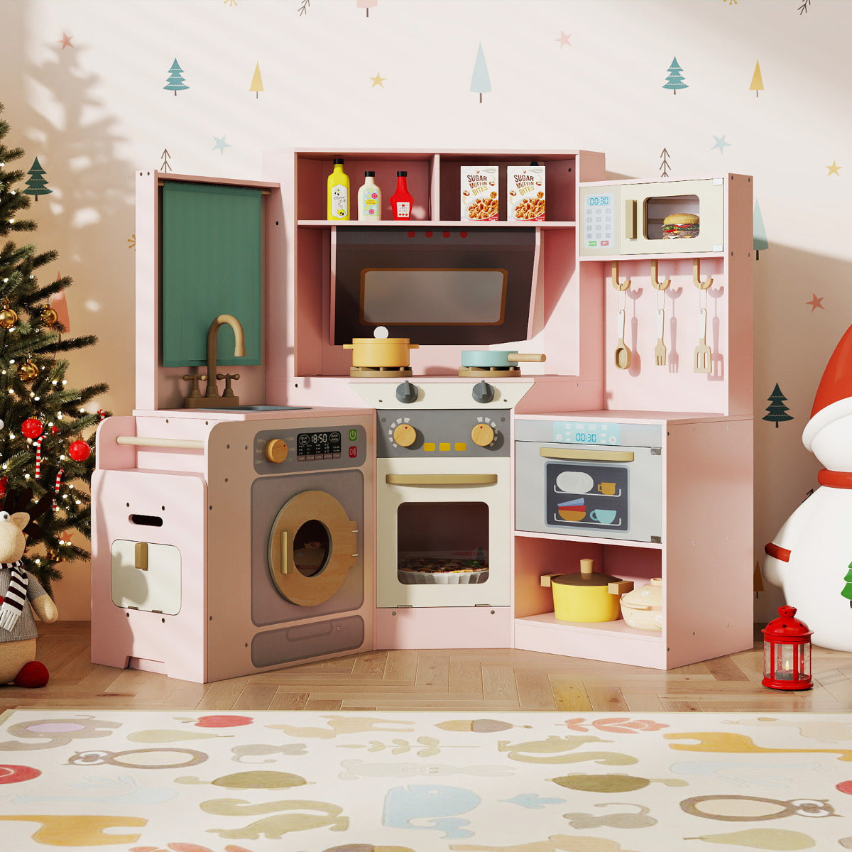 The pink corner play kitchen set in a child's room with Christmas decorations