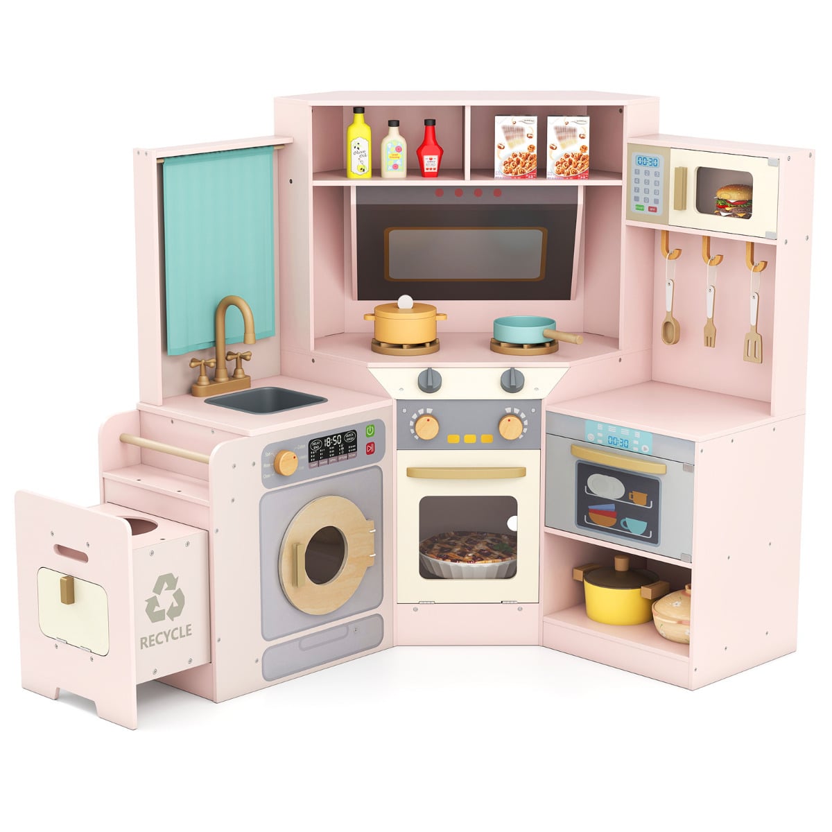 Corner Kitchen Playset with Pull-out Trash Can in pink with appliances and accessories