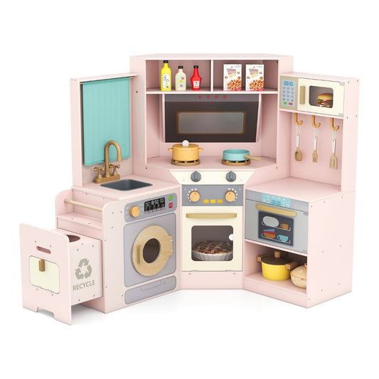 Corner Kitchen Playset with Pull-out Trash Can in pink with appliances and accessories