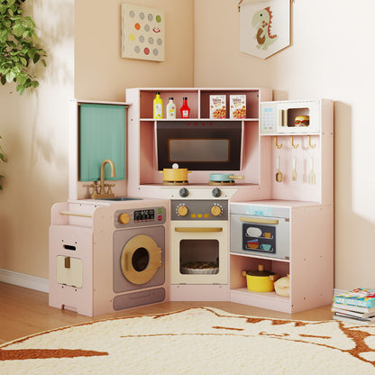 A pink corner play kitchen set with a washing machine, oven, sink and microwave, set up in a room