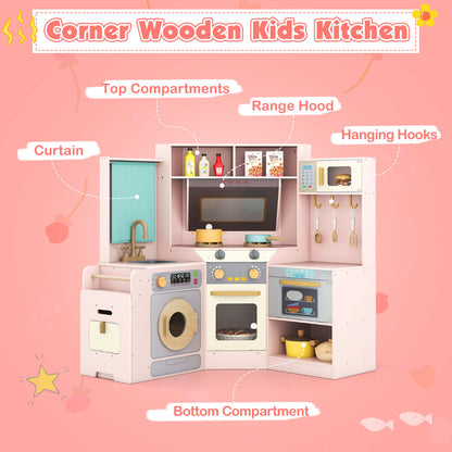 Features of the corner play kitchen set, including curtain, top and bottom compartments, and hanging hooks