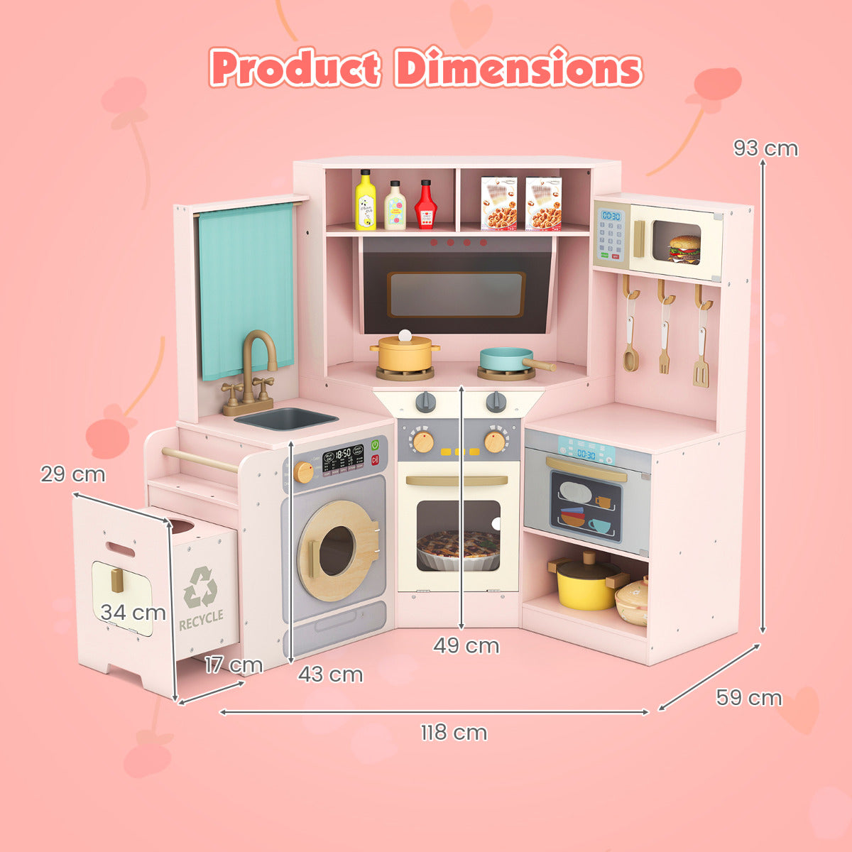 Product dimensions for the pink corner play kitchen set, showing height, width and depth
