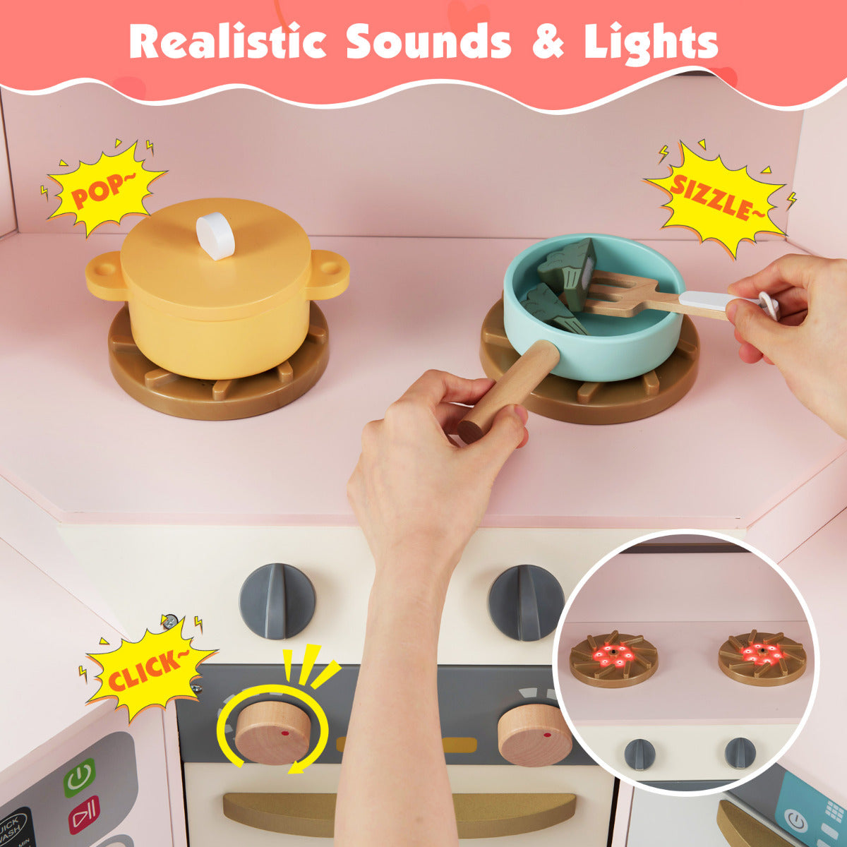 Close up of the play kitchen stove with realistic sounds and lights, and a hand holding a pot