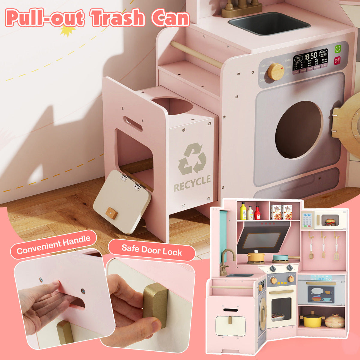 Close up of the pull-out trash can and a handle on the pink corner play kitchen set
