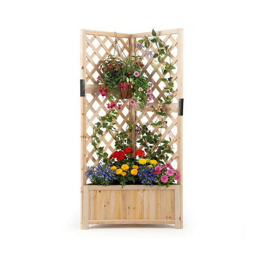 Corner Raised Garden Bed with Lattice Trellises Drainage Holes, a natural wood planter with a decorative lattice screen
