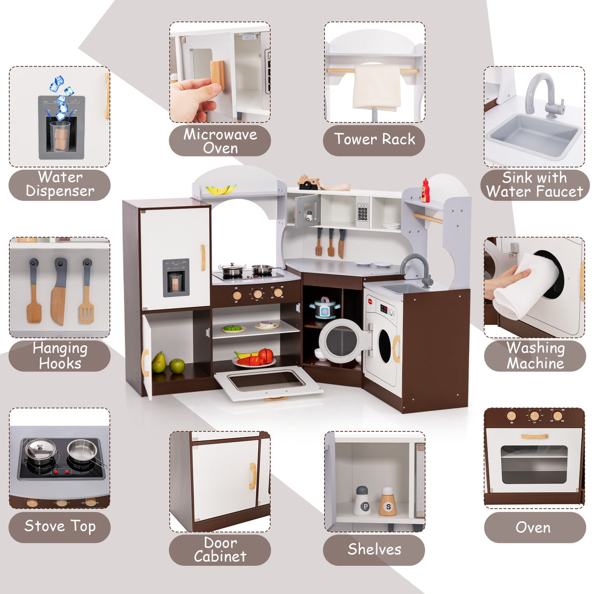 Close up of the play kitchen features including water dispenser, sink, washing machine and oven