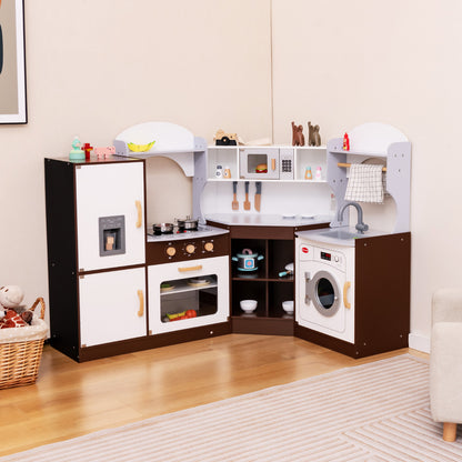 The wooden play kitchen set in a living room setting