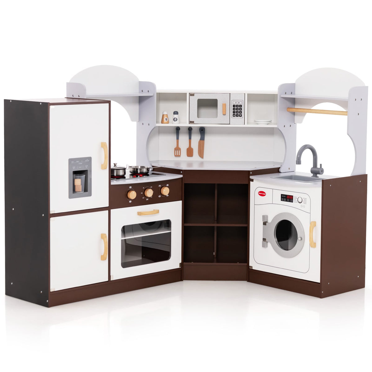Corner Wooden Play Kitchen with fridge, oven, hob, sink and washing machine