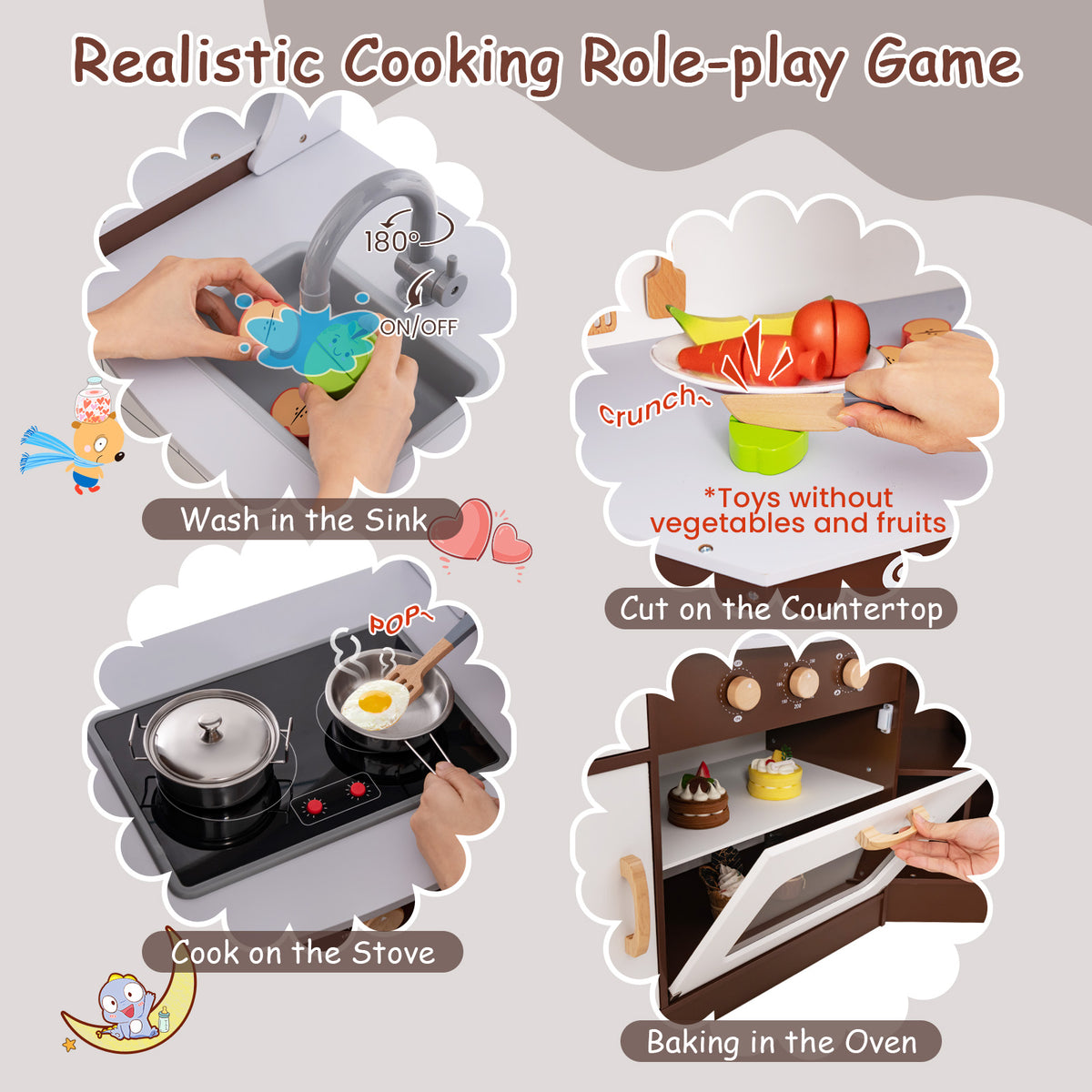 Demonstration of realistic cooking role-play with the play kitchen