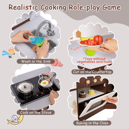 Demonstration of realistic cooking role-play with the play kitchen