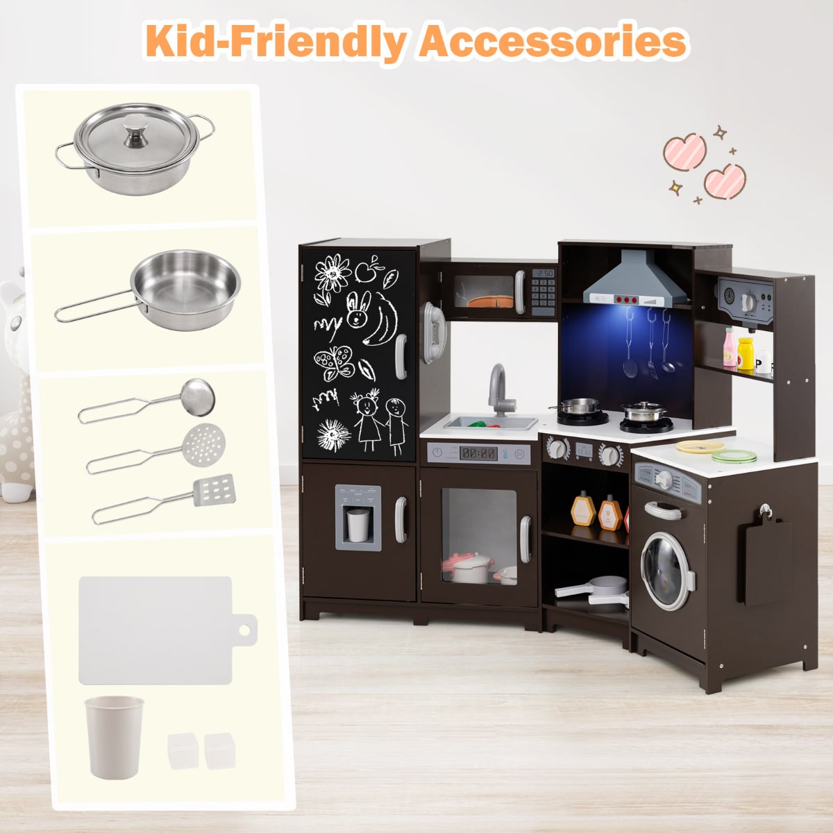 Kid-friendly accessories included with the wooden play kitchen